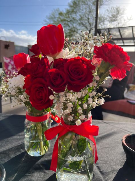 #roses #masonjar Red Roses Centerpieces Grad Party, Red Birthday Centerpieces, Black And Red Graduation Party, Red Rose Themed Birthday Party, Red Grad Party, 60th Birthday Theme, Msw Graduation, Quince Planning, College Graduation Party Decorations