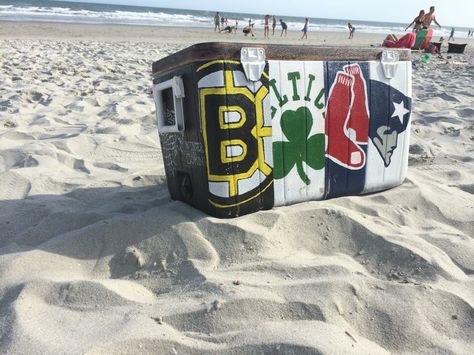 Cooler I made my boyfriend  for his fraternity's formals! His family is from Boston and he loved this! Red Sox, Bruins, Celtics, Patriots. Coolers Painted, Formal Coolers, Frat Formal, Ring Dance, Painted Coolers, Formal Cooler Ideas, Fraternity Formal, Mountain Weekend, Boyfriend Stuff