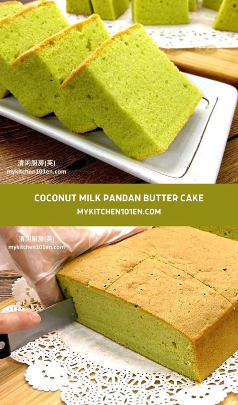 Pandan Butter Cake, Butter Sponge Cake Recipes, Pandan Coconut Cake, Coconut Butter Cake, Rich Butter Cake Recipe, Asian Cakes, Premium Cake, Pandan Cake, Cake Recipes At Home