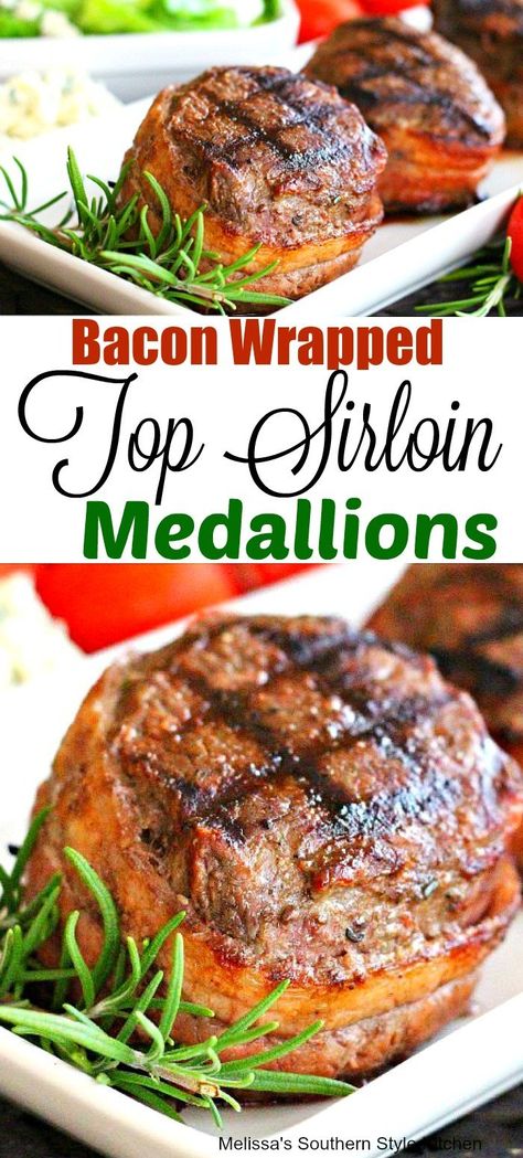 Steak Medallions, Top Sirloin Steak Recipe, Steak Bacon, Bacon Wrapped Tenderloin, Bacon Wrapped Steak, Bacon Wrapped Beef, Sirloin Recipes, Beef Medallions, Bacon Wrapped Filet