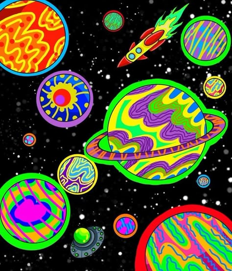 Trippy Planets, Planet Painting, Trippy Wall Art, Planet Drawing, Pop Art Images, Sensory Art, Psychadelic Art, Hippie Painting, Illustrations Art