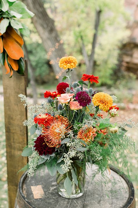 Colorful Fall Wedding at Planet Bluegrass in Colorado - Rapid City Photographer | Michele with one L Fall Wild Flower Wedding Theme, Mountain Flower Arrangements, Montana Wedding Bouquet, Fall Wedding Flowers October Centerpiece Ideas, Colorful Fall Centerpiece, Fall Mountain Wedding Flowers, Fall Wildflowers Wedding, Fall Wildflower Arrangements, Cedar Wedding Bouquet