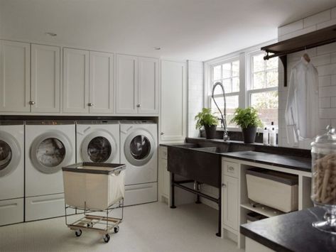 the ideal laundry room definitely has a pedestal washer/dryer. More storage space and less bending over? Sign me up! Rustic Farmhouse Laundry Room, Soapstone Sink, Laundry Room Pedestal, Transitional Laundry Room, Laundry Room Storage Shelves, Laundry Room/mud Room, Room Storage Diy, Basement Laundry Room, Dream Laundry Room