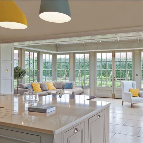 Orangery Extension Kitchen, Glazed Extension, Kitchen Orangery, Kitchen Conservatory, Orangery Extension, Conservatory Kitchen, Open Plan Kitchen Dining Living, Open Kitchen And Living Room, Open Plan Kitchen Diner