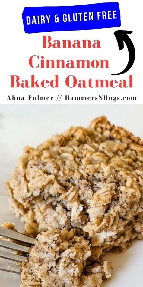 This gluten free, dairy free banana cinnamon baked oatmeal recipe is an easy family breakfast or can be frozen for later! Banana Cinnamon Baked Oatmeal recipe MY COOKING PHILOSOPHY IS TO KEEP IT “HEALTHY AND EASY.” RECIPES AT HAMMERS N HUGS WILL INCLUDE ALL-NATURAL INGREDIENTS THAT CAN OFTEN BE FROZEN AND HAVE BEEN TESTED AND APPROVED BY FRIENDS AND FAMILY! Banana Cinnamon Baked Oatmeal recipe We love oatmeal in this house. In fact, my kids eat this homemade choco chip… Easy Family Breakfast, Quick Oat Recipes, Cinnamon Baked Oatmeal, Dairy Free Lunch, Dairy Free Salads, Oatmeal Bake, Family Breakfast Recipes, Baked Oatmeal Recipe, Banana Baked Oatmeal