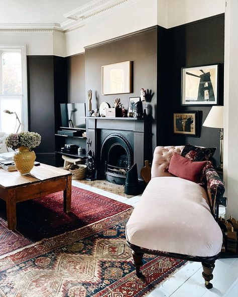 Kate Watson-Smyth on Instagram: “View from the library door. I don’t seem to often show the full side of this room but it’s a fairly classic Victorian front room with the…” Mad About The House, Design Salon, Dark Walls, Dark Interiors, Living Room Inspo, Front Room, Living Room Inspiration, Home Living Room, Room Inspiration