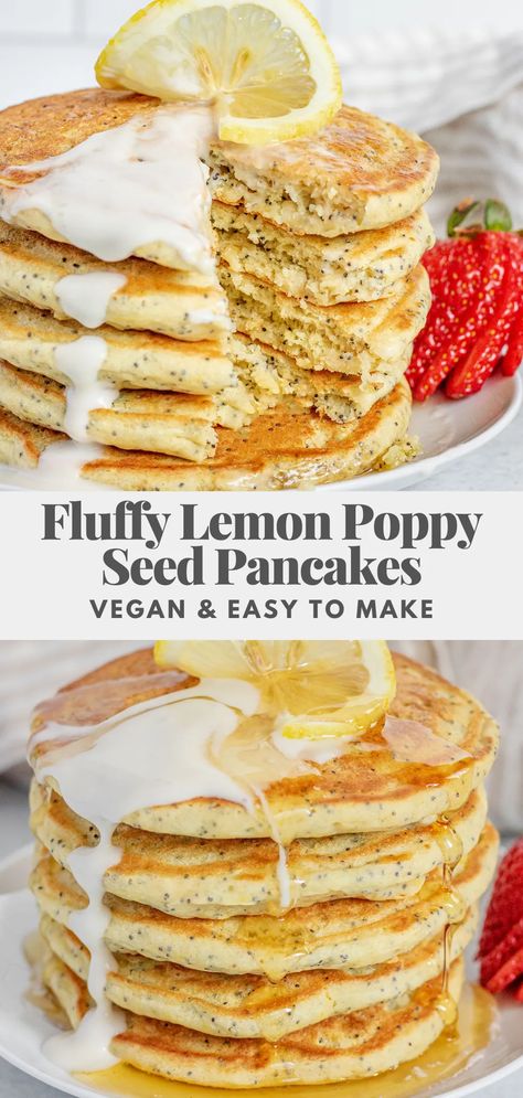 Lemon Poppy Seed Pancakes, Poppy Seed Pancakes, Lemon Breakfast, Lemon Poppyseed Pancakes, Lemon Pancakes, Vegan Pancake Recipes, Flavored Pancakes, Vegan Easter, Vegan Brunch