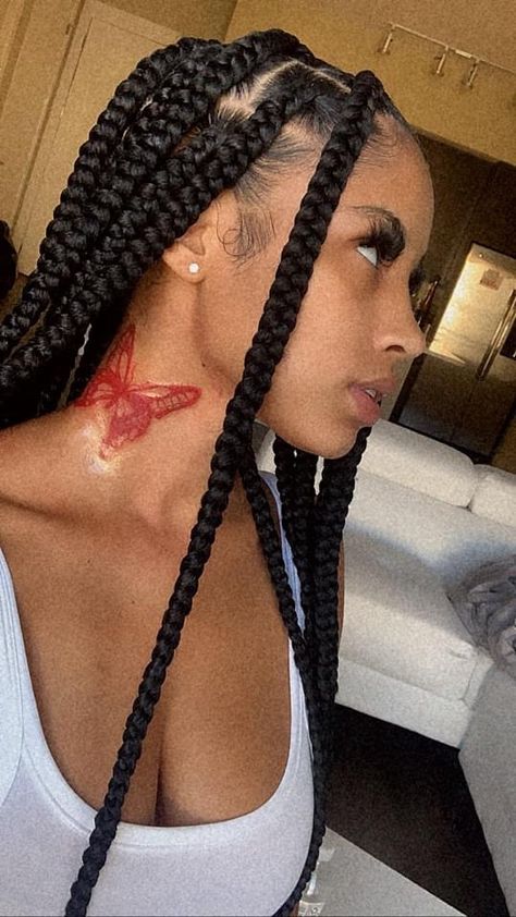 Large medium big box braids red girl butterfly neck tattoo Short Knotless, Butterfly Neck Tattoo, Girl Neck Tattoos, 16 Tattoo, Cute Hand Tattoos, Big Box Braids, Neck Tattoos Women, Black Girls With Tattoos, Red Ink Tattoos