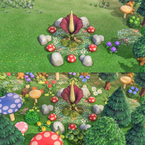 Animal Crossing Mushroom Island, Acnh Weeds Design Code, Acnh Mushroom Path, Animal Crossing Mushroom Forest, Acnh Magic Forest, Acnh Villager Yard Ideas, Acnh Terraforming Ideas, Acnh Mushroom, Animal Crossing Online