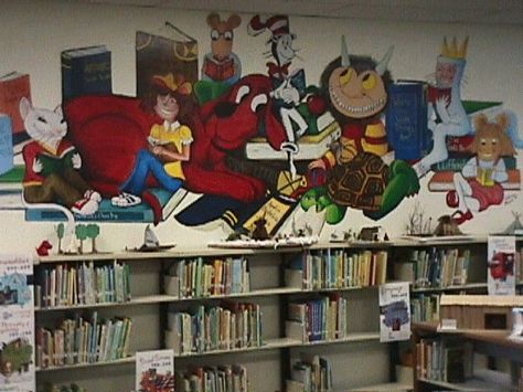 Book Characters Mural--_YES! School Library Mural Ideas, Book Character Mural, School Library Wall Painting, Bookstore Wall Mural, Book Vs Movie Library Display, School Creative, School Wall Art, Childrens Library, Library Wall