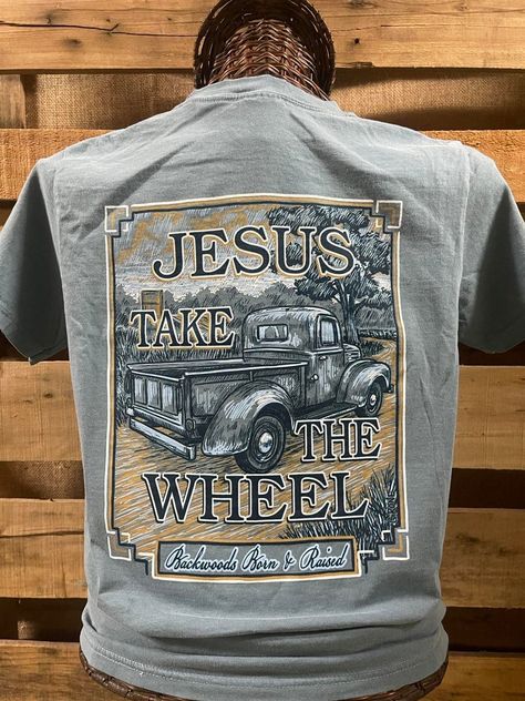 Backwoods Born & Raised Jesus Wheel Comfort Colors Unisex T-Shirt Available in sizes Adult S-2X, Picture is of the back of the shirt, Front of the shirt has backwoods logo