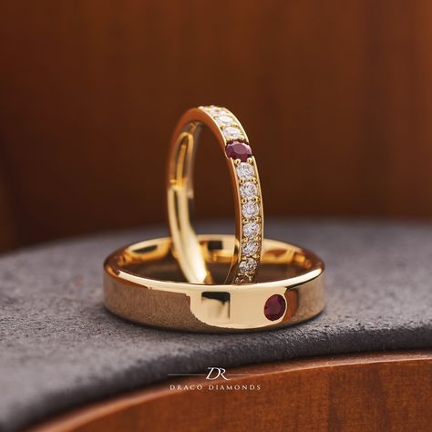 Ruby Wedding Band With Engagement Ring, Wedding Rings Sets His And Hers, Stunning Rings, Soft Goth, Ruby Wedding Band, Couple Ring Design, Ruby Wedding Rings, Gold Wedding Bands, Couples Wedding Bands