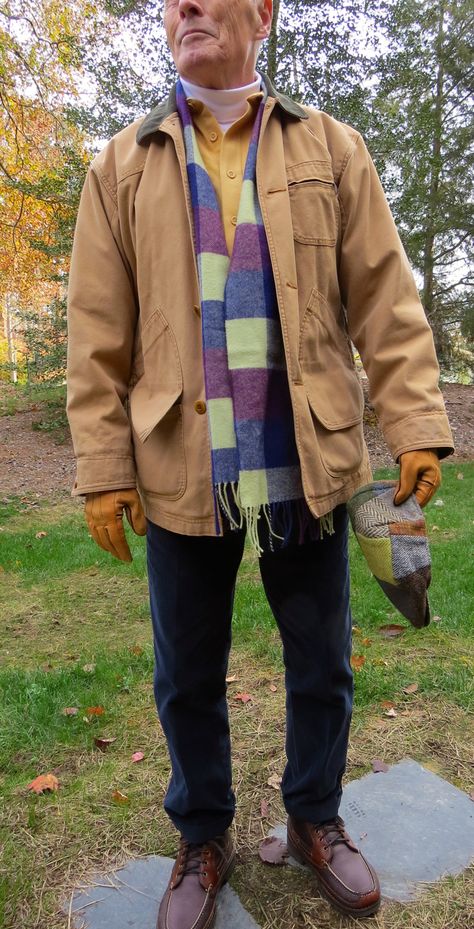 Hanna Donegal Ivy Cap, LLB field coat, LLB Chamois shirt, LE turtleneck, Johnston's of Elgin Cashmere scarf, LE narrow wale cords, Wigwam El Pine rage socks, LLB Allagash Bison leather, Shearling-lined boots. Prep Fashion, Chamois Shirt, Polo Coat, Bison Leather, Ivy Cap, Field Coat, Ivy League Style, Ivy Style, Prep Style