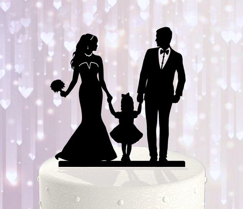 Detailed Family Silhouette Wedding Cake Topper ~ Bride, Groom and little girl ~ Find it at trueloveaffair etsy shop: https://etsy.me/3aSx6fX #familycaketopper, #familyweddingtopper, #caketoppwithgirl Family Wedding Cake Toppers, Silhouette Wedding Cake, Wedding Cake Topper Silhouette, Silhouette Cake Topper, Happy Anniversary Cakes, Family Cake, Wedding Silhouette, Custom Wedding Cake Toppers, Acrylic Cake Topper