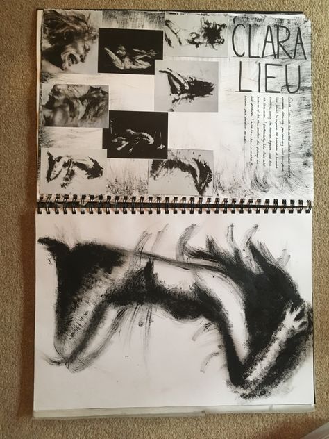 Clara Lieu artist page 1 Clara Lieu Art, Charcoal Sketchbook Page, Clara Lieu Artist Research, Andy Butler Artist Research Page, Art Gsce Artist Research, Isolation Artists Gcse, Artist To Research, Distortion Artist Research, Artist Study A Level