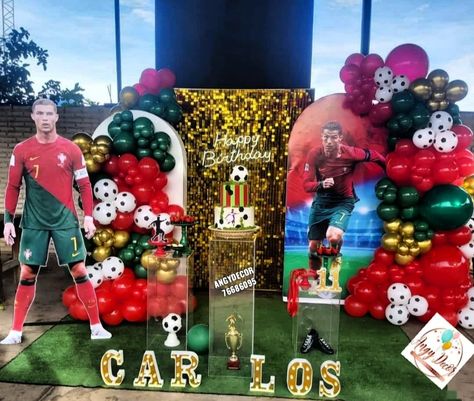 CR7 Ronaldo Soccer Party, Messi And Ronaldo Birthday Party, Cristiano Ronaldo Party Theme, Ronaldo Party Ideas, Christiano Ronaldo Birthday Theme, Ronaldo Theme Birthday Party, Ronaldo Party Decorations, Ronaldo Cristiano Birthday, Cr7 Birthday Party Ideas