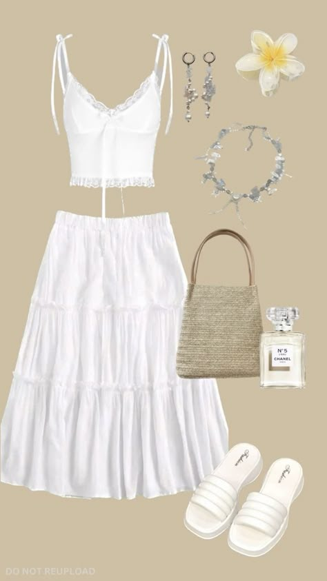 #fashion #style #summer #outfit #summerdress White Flowy Skirt Outfit, White Skirt Outfit Summer, Flowy Skirt Outfit, White Maxi Skirt Outfit, Maxi Skirt Outfit Summer, Beach Vibes Outfit, Luau Outfits, Skirt Outfits Aesthetic, White Skirt Outfits