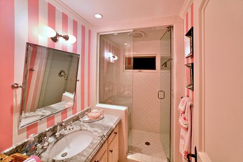 it's got victoria's secret stripes.  i'm doing this to my bathroom. Princess Bathroom, Secret Bedroom, Girl Bathroom, Girly Decor, Restroom Decor, Pink Things, Bedrooms Decor, Glam Room, Girly Room