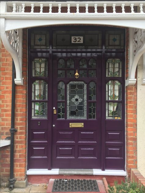 Edwardian front door, Farrow and Ball Pelt (full gloss) Edwardian Exterior House, Plum Front Door, Front Door Farrow And Ball, Victorian Home Ideas, Victorian Front Door, Purple Front Doors, Traditional Front Doors, Front Door Styles, Kerb Appeal