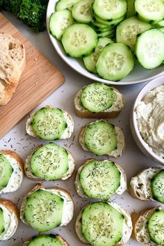 Cucumber And Dill Baguettes | Modernmealmakeover.com Cucumber Dill Bites, Cucumber Crostini, Baguette Appetizer, Baguette Sandwiches, Cucumber Bites Appetizers, Easy Delicious Appetizers, Cucumber Appetizers, Cucumber Tea Sandwiches, Cream Cheese Appetizer