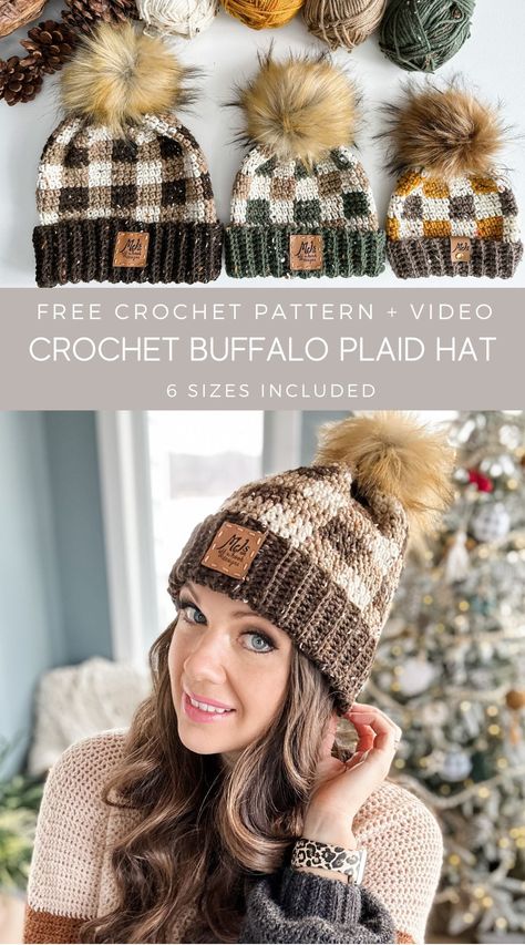 Crochet Plaid Beanie Pattern Free, Fall Beanie Crochet Pattern, Crochet Hat Pattern Two Colors, Crochet Fall Hat Pattern, Crochet Plaid Beanie, Plaid Crochet Hat Pattern Free, Checkered Crochet Beanie Pattern Free, Buffalo Plaid Crochet Hat, Crochet Fair Isle Beanie Free Pattern