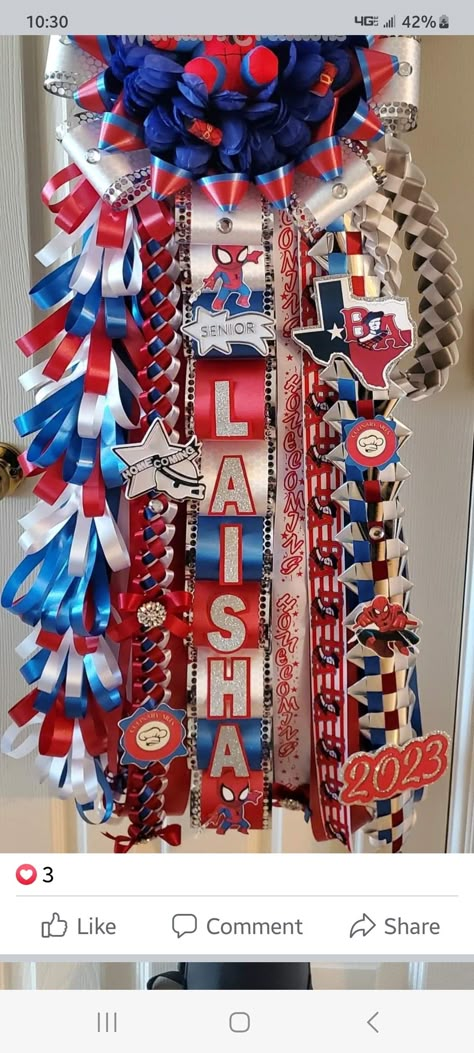 Mums Homecoming Junior Year, Spiderman Mums Homecoming, Hoco Mums Ideas Red White Blue, Spider Man Mums Homecoming, Boy Mums Homecoming, Red And White Homecoming Mums, Home Coming Mum Ideas, Red White And Blue Homecoming Mums, Homecoming Mum Ribbon Ideas