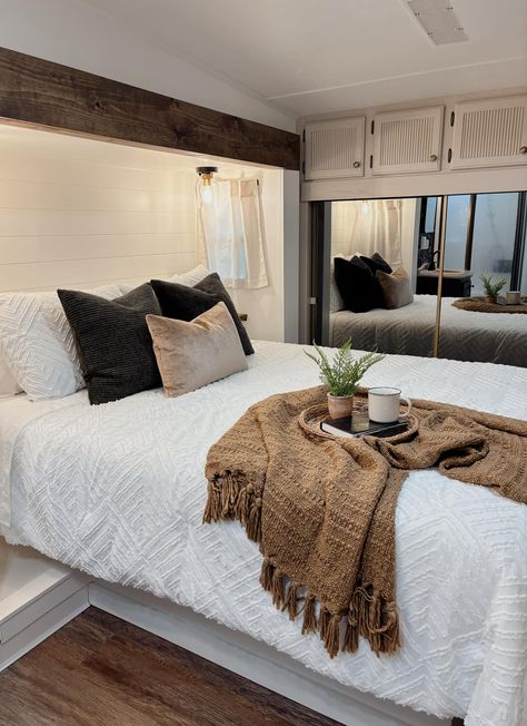 This RV Bedroom Renovation Went from Dark & Dingy to a Serene Suite Rv Bunkhouse Remodel, Rv Bedroom Makeover, Rv Bedroom Ideas, Rv Bedroom Remodel, Rv Decorating Ideas Rv Interior, Shiplap Headboard, Rv Living Room, Ceiling Remodel, Rv Decorating