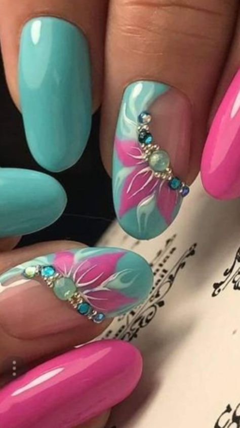 # Turquoise & Pink Nails Acrylic Nail Art, Floral Nails, Fancy Nails, Nail Arts, Valentine's Day Nails, Best Acrylic Nails, Nail Polishes, Valentines Nails, Gorgeous Nails