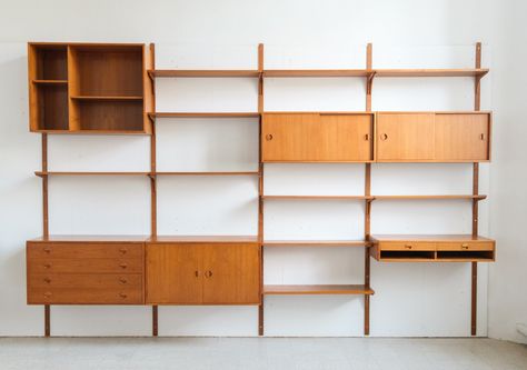 Listed on VNTG.com: Wall unit by HG Furniture, 1960s | #vntg #vintage Full Wall Open Shelving, Living Room Wall Storage Ideas, Mid Century Modern Wall Unit, Full Wall Shelf, Mcm Wall Unit, Home Office Shelf, Mid Century Shelving, Mid Century Wall Unit, Diy Mid Century