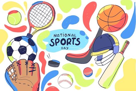 Sports Day Poster, National Sports Day, Olympic Theme, Sports Medals, Doodle Characters, Sports Posters, Sport Park, Day Illustration, Big Rangoli Designs