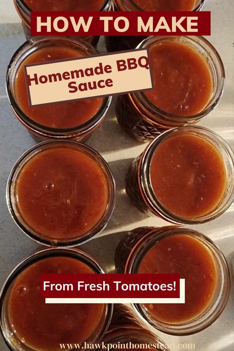 This homemade BBQ sauce recipe for canning is easy and delicious. It is made from fresh tomatoes and with no sugar! The recipe is just simple ingredients and can be made very quickly. Such a wonderful way to use those fresh tomatoes from your garden and make a wonderful BBQ sauce that can be used for so many things, and pairs perfectly with grilled meats like ribs, chicken and pork. This BBQ sauce is made with honey and little bit of heat which gives it an interesting flavor. Can Bbq Sauce, Blueberry Jalapeno Jelly Recipe, Jalapeno Jelly Recipes, Pepper Jelly Recipes, Homemade Bbq Sauce Recipe, Sweet Bbq Sauce, Homemade Bbq Sauce, Canned Green Chilies, Fresh Tomato Sauce