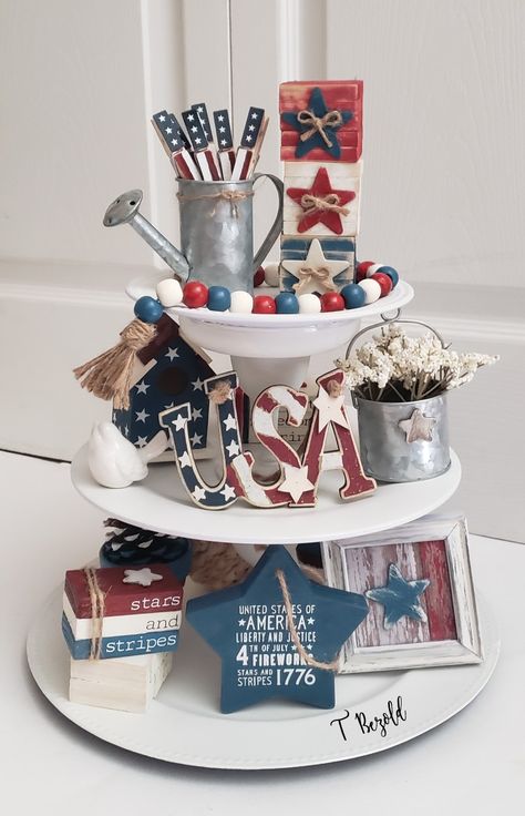 4th Of July Tiered Tray Decor, Tiered Tray Decor Ideas, Tray Decor Ideas, Three Tier Tray, Patriotic Tiered Tray, Fourth Of July Decorations, 4th July Crafts, Tiered Tray Diy, Tiered Cake