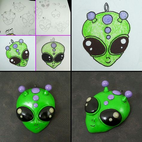 Clay Alien, Purple Sugar Skull, Alien Head, Diy Air Dry Clay, Polymer Clay Jewelry Tutorials, Clay Things, Polymer Crafts, Stationery Craft, Book Art Diy