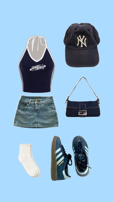 Sporty Navy Blue Y2K outfit: Adidas Spezial, Fendi Purse, New York Yankees Baseball Cap, Mini Denim Skirt, Halter Top Navy Cap Outfit, Blue Y2k Outfit, Navy Blue Outfit, Yankees Baseball Cap, Fendi Purse, Outfit Adidas, Navy Cap, Cap Outfit, Mini Denim Skirt