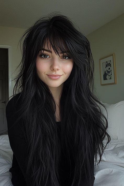 Long Wolf Haircuts For Women, Black Wolf Haircut, Long Dark Hair With Curtain Bangs And Layers, Alt Long Layered Hair, Gothic Hair With Bangs, Hair With Layers And Side Bangs, Long Hair Alt Hairstyles, Long Hair Edgy Hairstyles, Wolf Cut Lace Front Wig