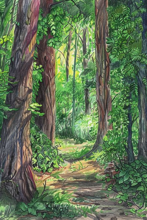 Explore the wilderness through art with these expressive colored pencil ideas inspired by the untamed beauty of nature. From rugged landscapes to wild creatures, let your imagination roam free and create artworks that capture the spirit of the outdoors. #WildernessArt #ColoredPencilInspiration #NatureCreativity Forest Drawing Colored Pencil, Colored Pencil Nature Art, Nature Drawing Aesthetic, Nature Drawing Colourful, Aesthetic Nature Drawing, Drawing Ideas Forest, Color Pencil Landscape, Colored Pencil Ideas, Forest Landscape Drawing