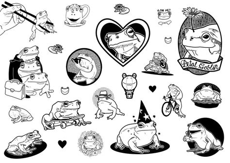 Matching Tattoos Flash Sheet, Frog Tattoo Flash Sheet, Lil Frog Tattoo, Cute Tattoo Flash Sheet, Funny Flash Tattoo Ideas, Fun Flash Tattoo, Tattoo Sheets Drawings, Frog Tattoo Cute, Frog And Mushroom Tattoo