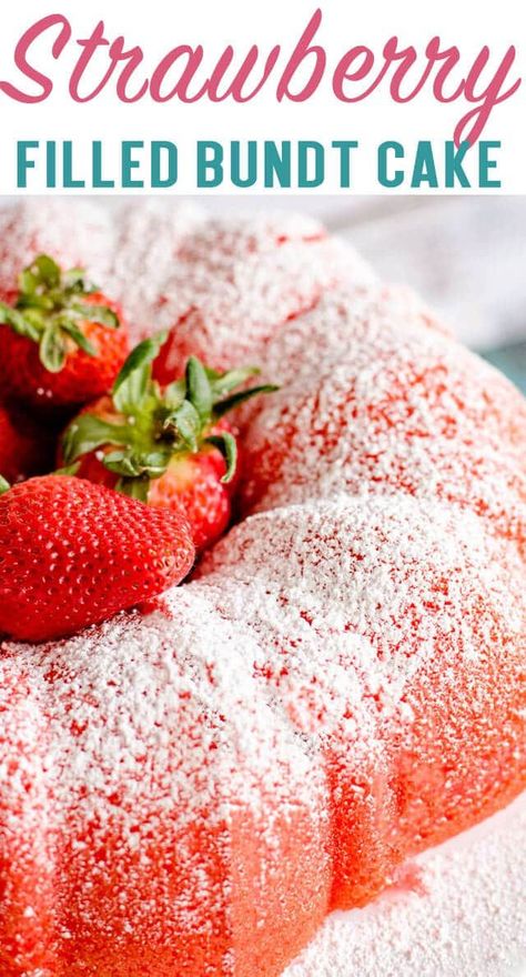 This filled strawberry bundt cake has a sweet, fluffy surprise inside! This semi-homemade cake starts with a box cake mix. #cakemix #strawberry #bundtcake #cake Semi Homemade Cake, Filled Strawberry, Strawberry Bundt Cake, Cakes Strawberry, Easy Bundt Cake Recipes, Strawberry Cake Mix, Pound Cake With Strawberries, Dessert Aux Fruits, Semi Homemade