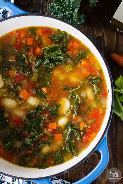 This vegetable minestrone recipe has an addition of gnocchi for a heartier, comforting soup recipe. This Minestrone Recipe with Gnocchi is perfect for any cool night! Minestrone Soup With Gnocchi, Gnocchi Vegetable Soup, Gnocchi Kale, Minestrone Recipe, Vegetable Minestrone, Taste And Tell, Comfort Soup Recipes, Comforting Soup, Carrots Celery