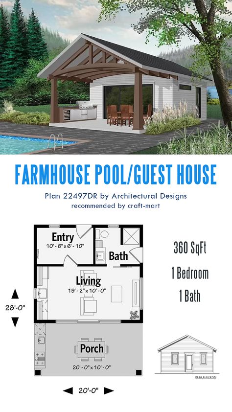 Among the variety of styles, this popular pool house floor plan may be the right plan for you. With 360 square feet of space, it can serve as a functional pool house to enjoy after a long day of work or a perfect place for occasional house guests. A beautiful outdoor kitchen has plenty of space for outdoor furniture and enjoying BBQs with friends by the pool. Small Pool House Floor Plans, Garden Shed Pool House, Shed To Pool House, Pool House Outdoor Kitchen, Pool House Garage Combo, Pole Barn Pool House, Small Pool House Plans, Pool House With Bedroom, Pool House Guest House Combo