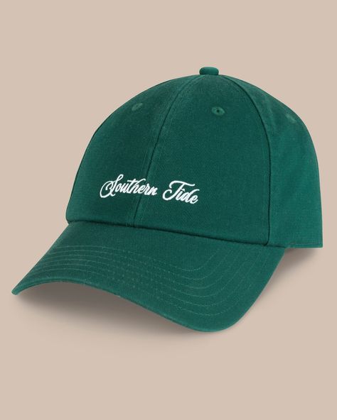 The front view of the Southern Tide ST Script Leather Strap Hat by Southern Tide - Salt Meadow Fall Adventures, Morning Beach, Fall Hat, Beach Walks, Stylish Caps, Fall Hats, Southern Tide, Ready For Fall, Beach Walk