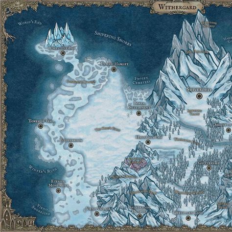 Welcome to Withergard, the land of everlasting Winter, located in the northwestern corner of the Kingdom of Eldwin . . . #Withergard #kingdomofeldwin #starlightsorcerer #winter #everlastingwinter #regionmap #inkarnate #fantasyworld #dnd5e #homebrew5e #dnd #fantasy Christmas Dnd, Winter Kingdom, Winter Dragon, Ice Kingdom, Fantasy Maps, Fantasy Concept, Dnd Maps, Rpg Map, D D Maps