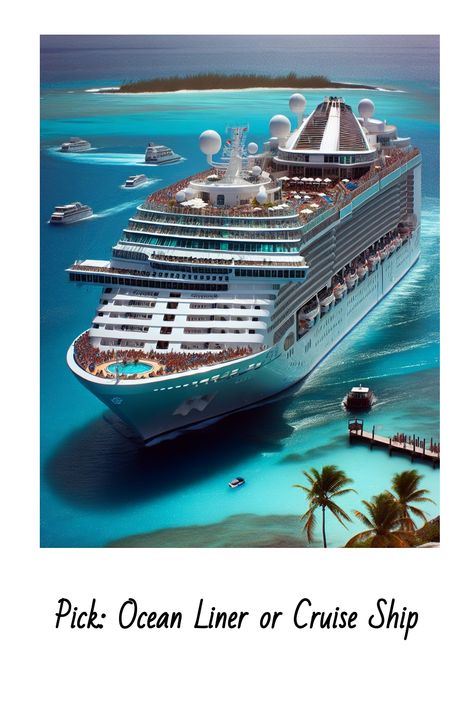 Large cruise ship sailing in a turquoise sea with smaller boats nearby and a tropical island in the background. Cruise Liner Luxury, Cruise Liner, Ocean Liner, Open Ocean, Cruise Tips, Island Hopping, Pool Decks, Cruise Travel, Royal Caribbean