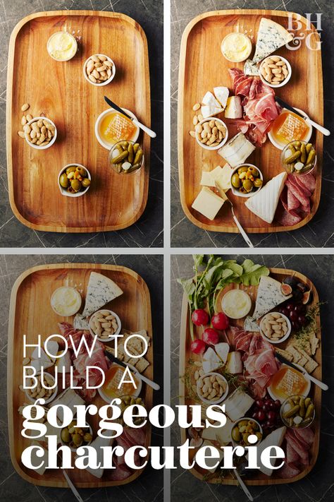 We'll show you how to make a simple meat and cheese board from start to finish—with photos. #entertaining #potluck #charcuterieboard #ideas #partyappetizers #holidayparty #bhg Platers Ideas Simple, Meat Platers Ideas, Meat Boards Cheese Plates, Cheese Meat Board, How To Make Cheese Board, Small Meat And Cheese Board, Cheese Platers Ideas Simple, Meat And Cheese Board Simple, Easy Meat And Cheese Board