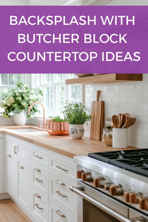 Get some inspo for the backsplashes to use with butcher block countertops. Butcher Block Countertops Sealing, Backsplash With Butcher Block Countertop, Butcher Block Bar Top, Butcher Block Countertops White Cabinets, Backsplash With Butcher Block, White Cabinets White Countertops, Block Countertops, Butcher Block Countertop, Black Backsplash