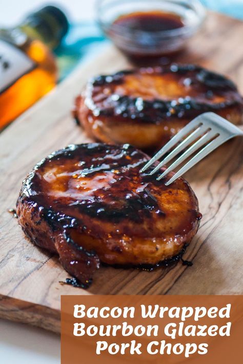 Glazed Pork Chops Recipes, Bacon Wrapped Pork Loin, Bacon Wrapped Pork Chops, Bourbon Chicken Recipe, Bourbon Recipes, Bacon Wrapped Pork, Bourbon Glaze, Glazed Pork Chops, Glazed Pork