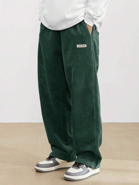 Manfinity Hypemode Loose Fit Men Corduroy Pants With Letter Patch Detail | SHEIN USA Post Minimalism, Corduroy Pants Outfit, Loose Pants Outfit, Guys Fashion Casual, Corduroy Pants Men, Green Sweatpants, Casual Chinos, Men Pants, Clothing Photography