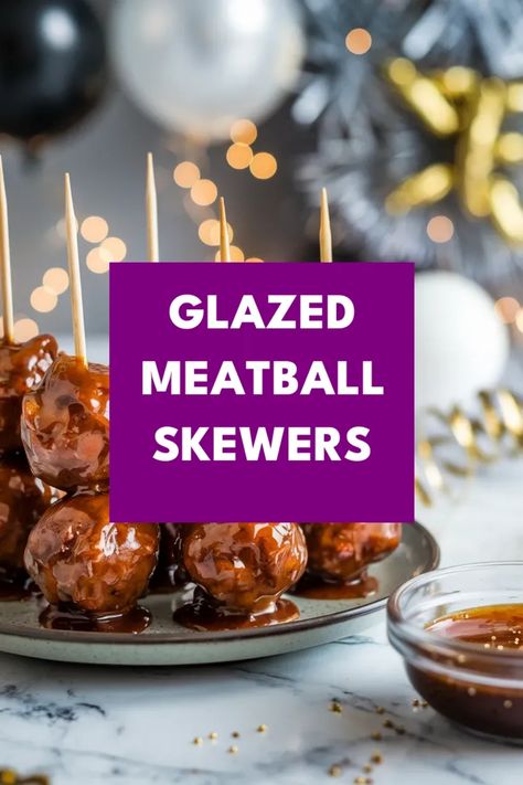 A photo of a  Glazed Meatball Skewers a New Years Eve Food Party Ideas Nye Bites, Gatsby Party Food, 1920s Party Food, Food Party Ideas, Meatball Skewers, Party Meatballs, Gatsby Birthday, Gatsby Birthday Party, Parties Food