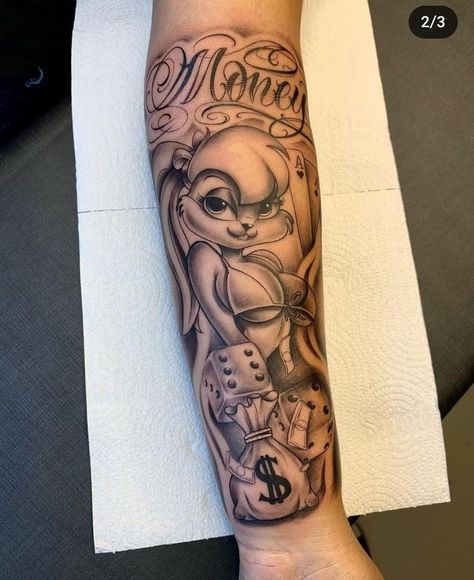 Cartoon Tattoos Women, Lola Bunny Tattoo, Chicana Tattoos, Girly Hand Tattoos, 40 Tattoo, Rose Drawing Tattoo, Bunny Tattoos, Black Girls With Tattoos, Half Sleeve Tattoos For Guys