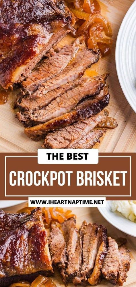 This crockpot brisket recipe is fall-apart tender with crispy caramelized edges smothered in tangy BBQ sauce! Pile high on a bun or serve with mashed potatoes. Brisket In Crockpot Recipes, Braised Brisket Crockpot, Crockpot Brisket Recipes, Crock Pot Brisket, Crockpot Brisket, Brisket Recipes Crockpot, Slow Cooker Brisket Recipes, Brisket Crock Pot, Slow Cooker Brisket